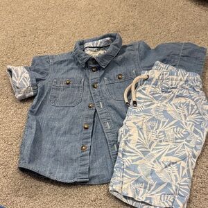 Toddler Denim Button-Up Shirt & Blue Leaf Print Short Set